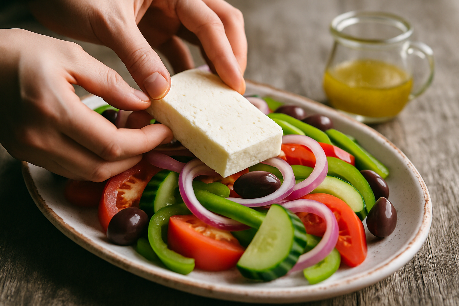 Hands assembling Greek salad with chunky vegetables and placing thick feta cheese slab on top