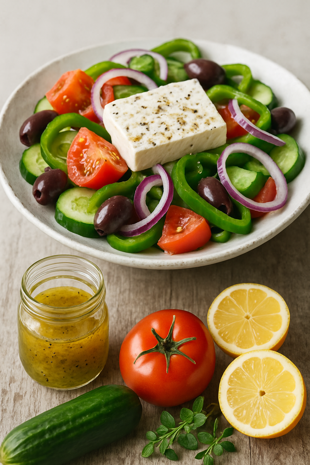 Vertical image of Greek salad with homemade dressing, showing finished dish, dressing jar, and fresh ingredients