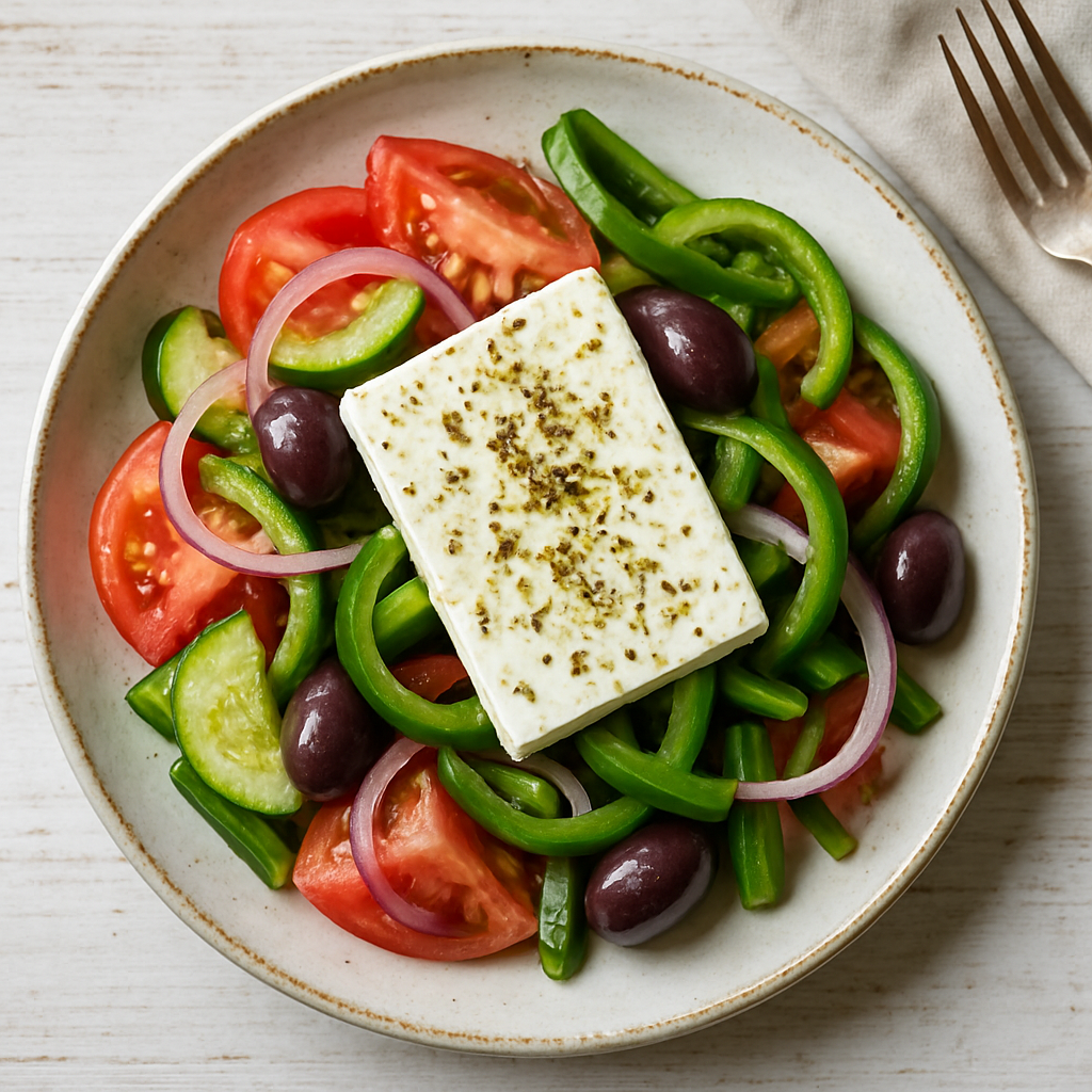 Overhead view of finished Greek salad with chunky vegetables, feta cheese, Kalamata olives, and homemade dressing