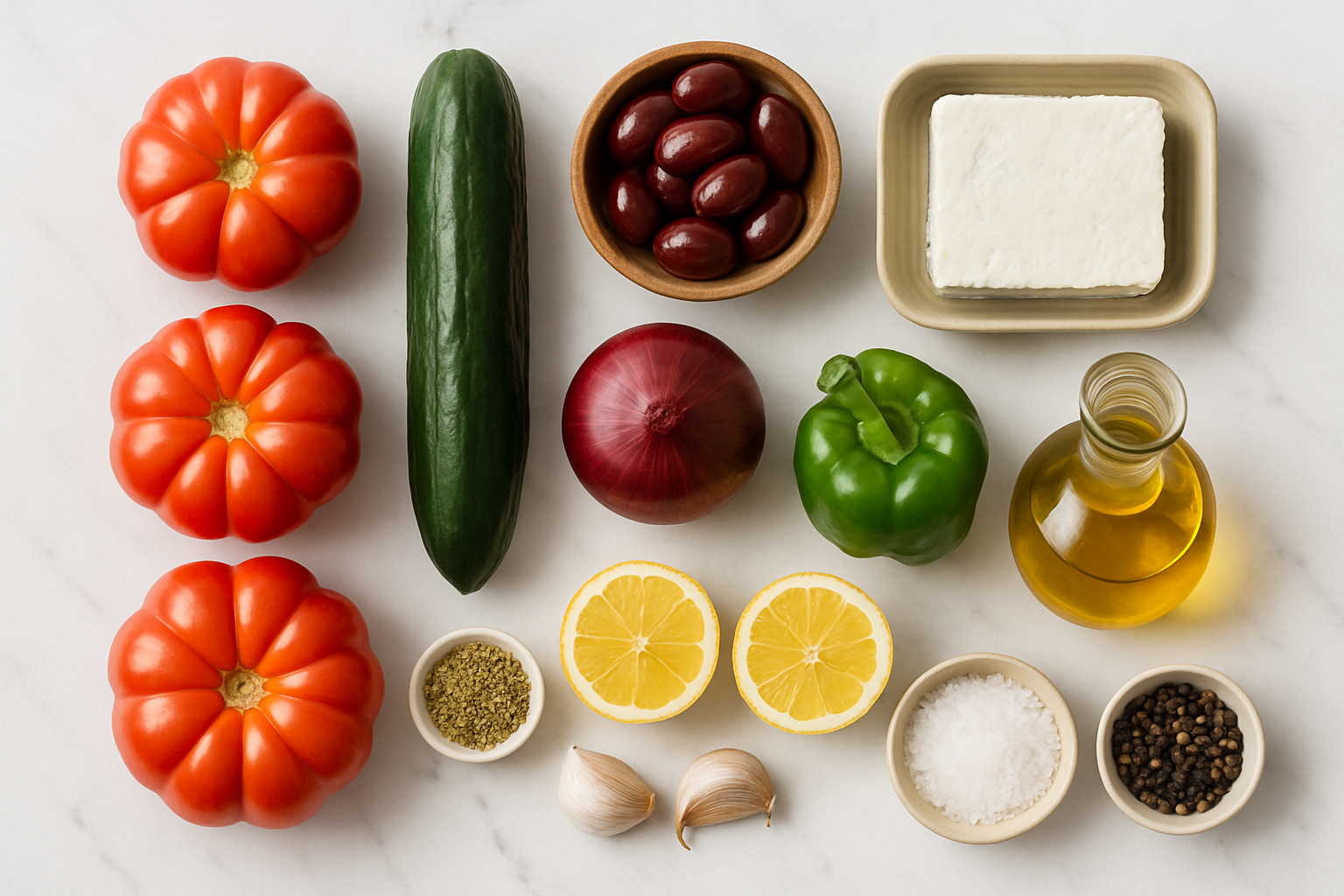 Overhead view of fresh Greek salad ingredients including tomatoes, cucumber, feta cheese, Kalamata olives, bell pepper, olive oil, and lemon