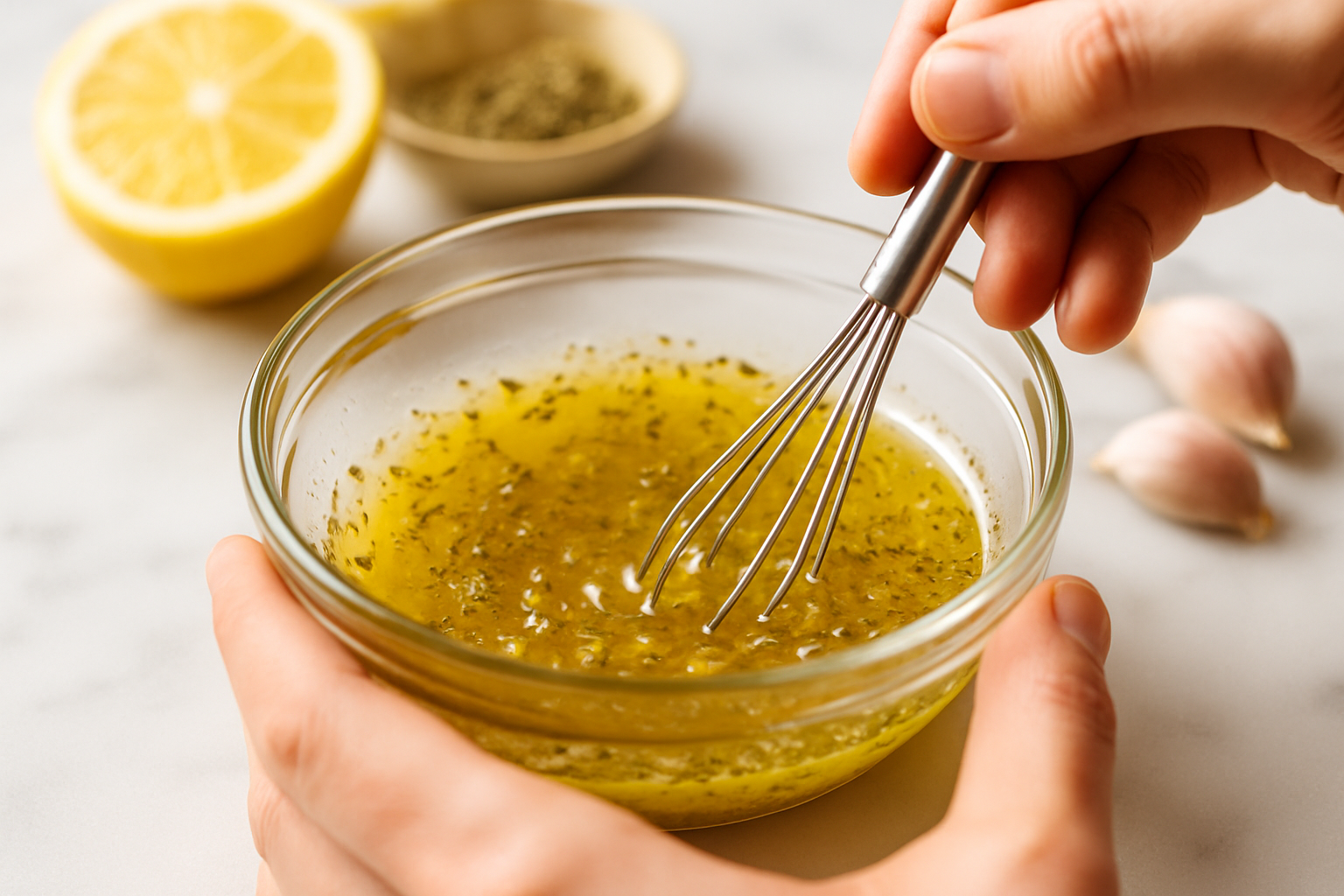 Hands whisking homemade Greek salad dressing with olive oil, lemon juice, oregano, and garlic in a glass bowl