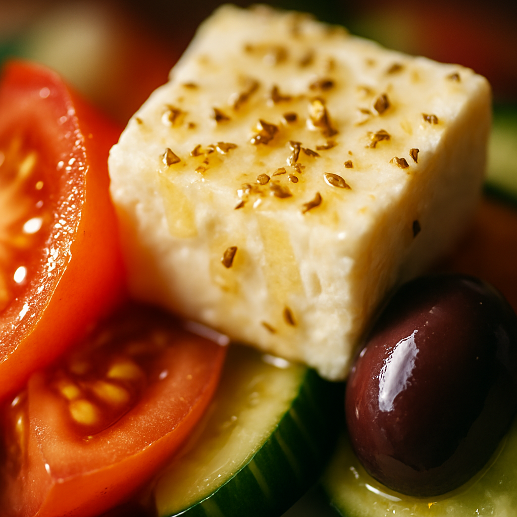 Close-up of Greek salad showing creamy feta cheese, ripe tomato, Kalamata olive, and cucumber with olive oil dressing