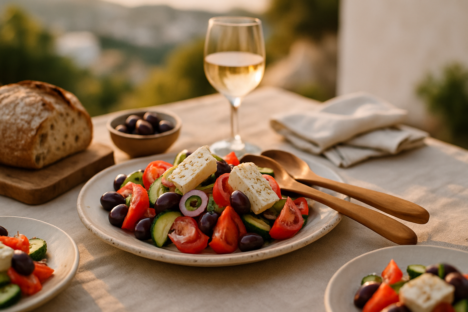 Greek salad served on outdoor Mediterranean table with bread, olives, and wine in a casual dining setting