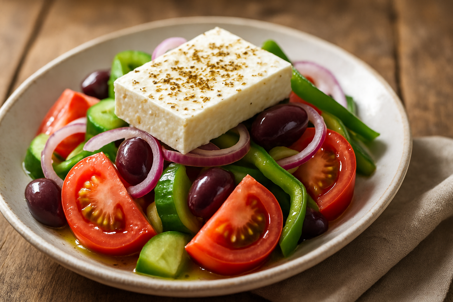 Authentic Greek salad with chunky tomatoes, cucumber, feta cheese, Kalamata olives, and homemade lemon-oregano dressing on a white platter