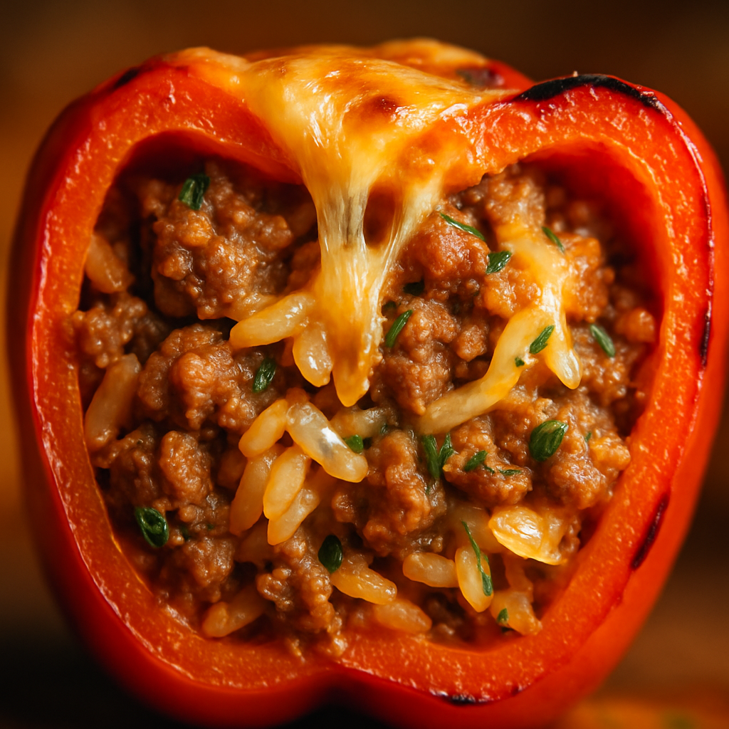 Close-up cross-section of a stuffed bell pepper showing layers of seasoned beef, rice, and melted cheese