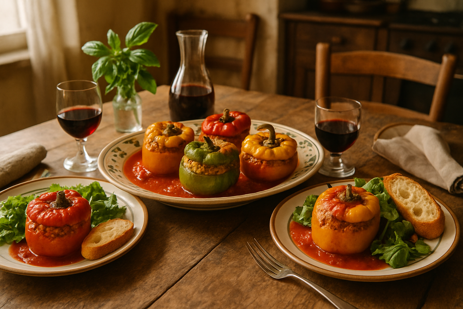 Family-style serving of stuffed bell peppers on a rustic Italian table with wine, bread, and fresh herbs