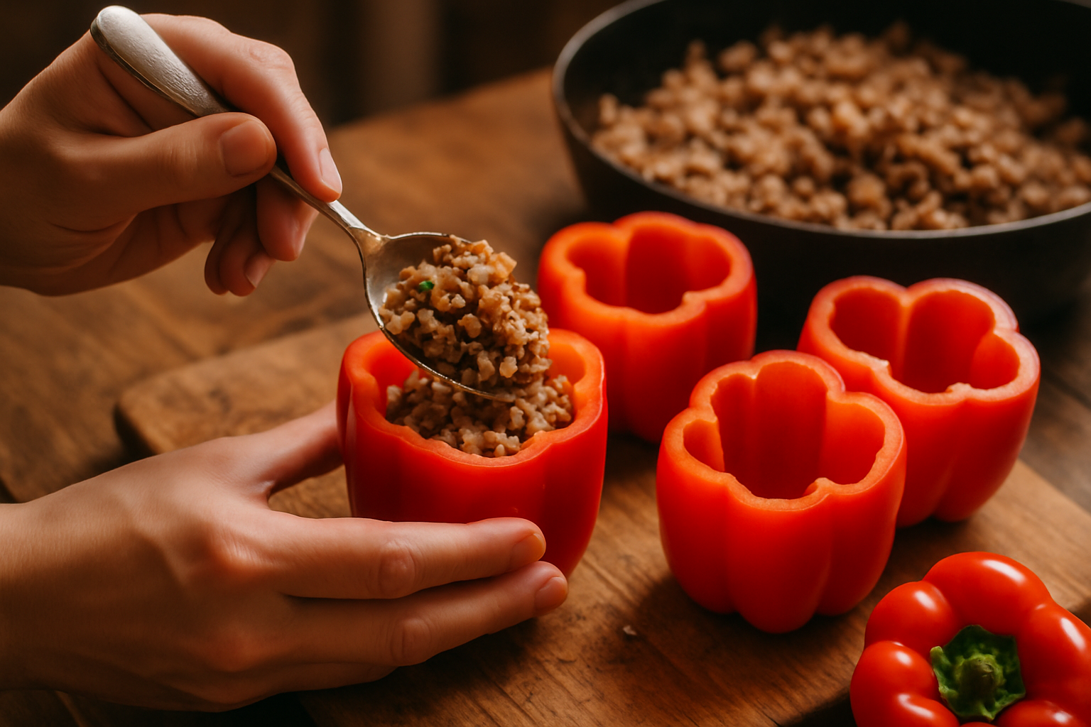 Hands spooning seasoned beef and rice filling into a red bell pepper during preparation