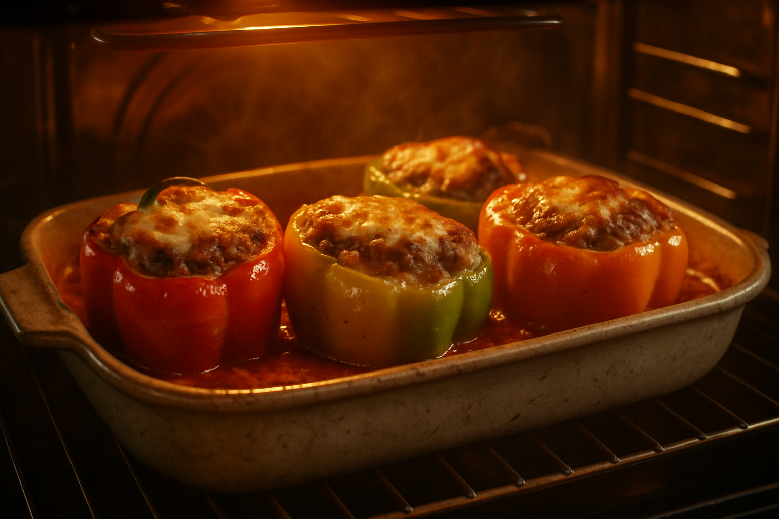 Stuffed bell peppers baking in the oven with melting cheese and bubbling tomato sauce