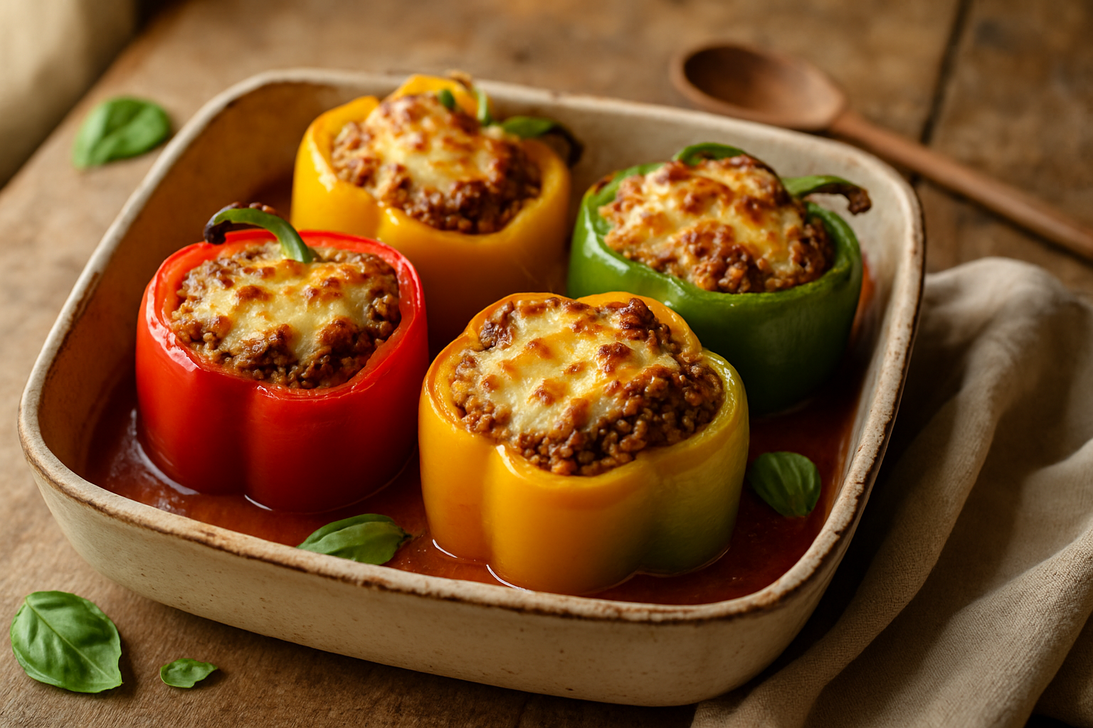 Four colorful stuffed bell peppers with melted cheese in a rustic baking dish with tomato sauce