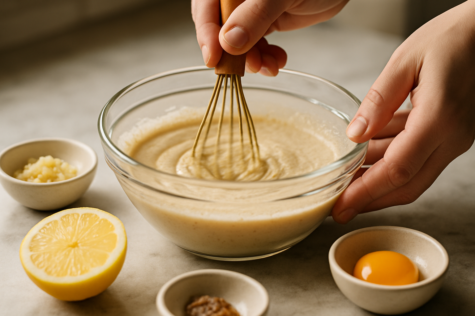 Hands whisking homemade Caesar dressing in a glass bowl with fresh ingredients nearby