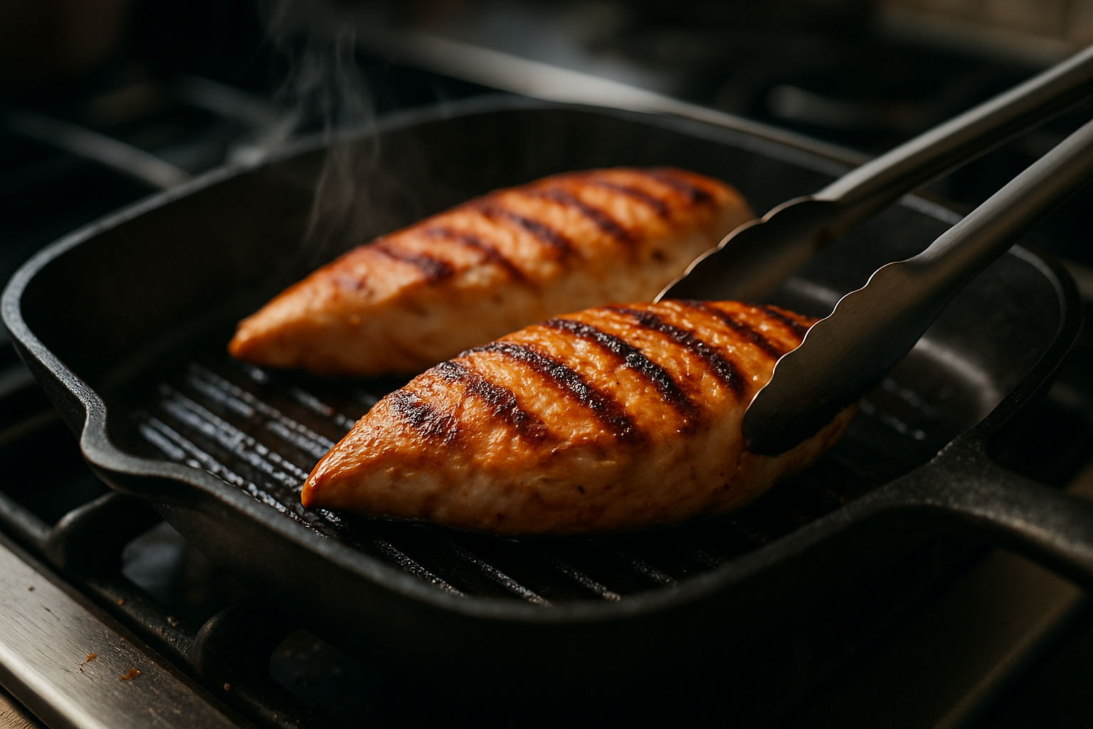 Chicken breast being grilled in a pan showing perfect grill marks for Caesar salad