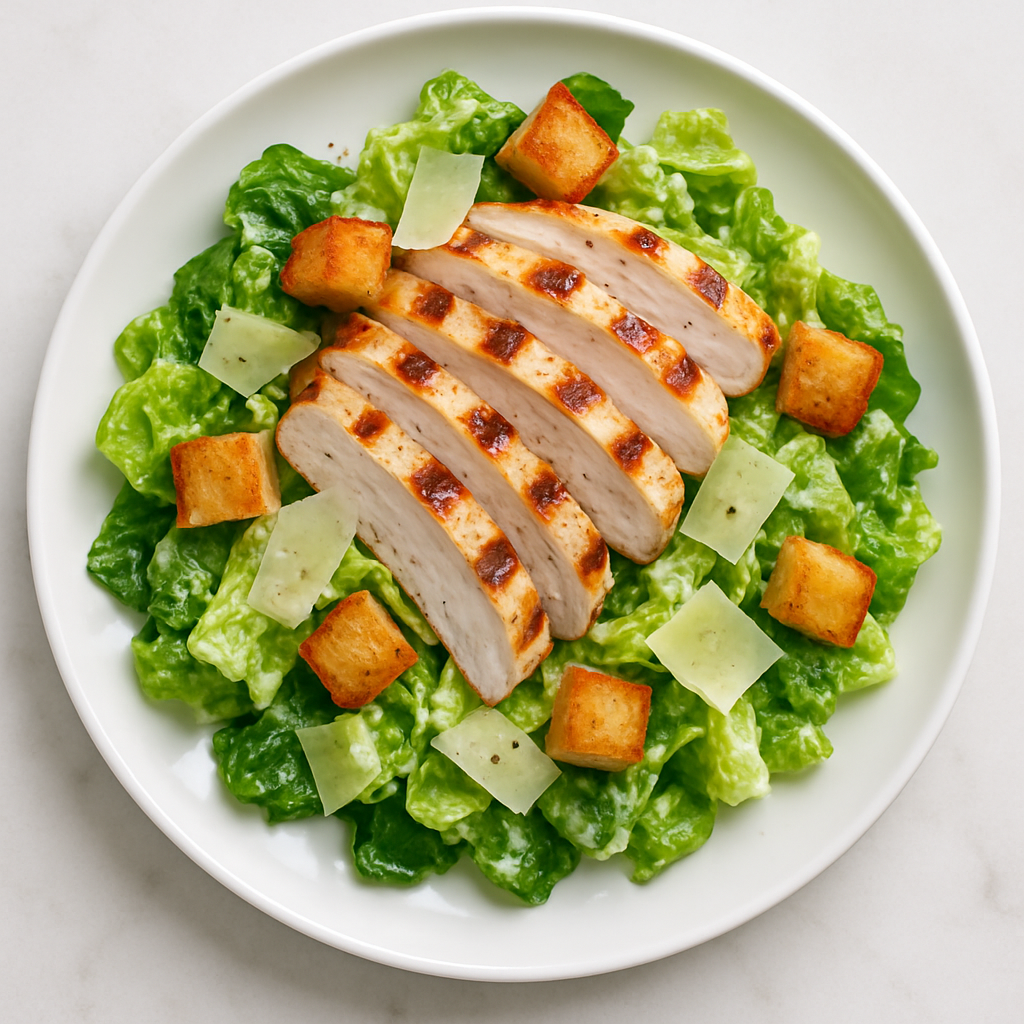 Finished Chicken Caesar Salad plated with grilled chicken, romaine, croutons, and Parmesan