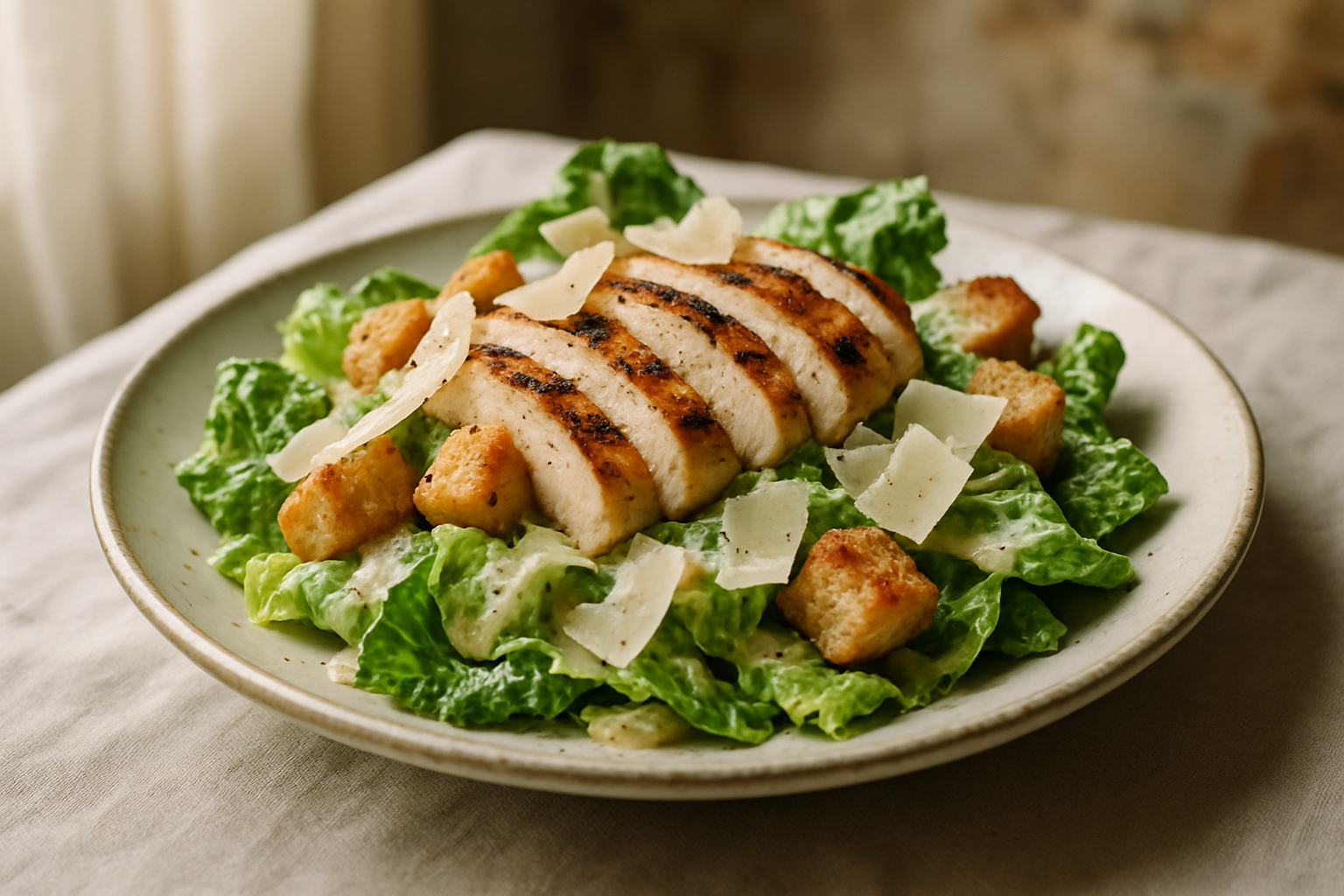 Chicken Caesar Salad with grilled chicken, romaine lettuce, croutons, and Parmesan cheese on a white plate