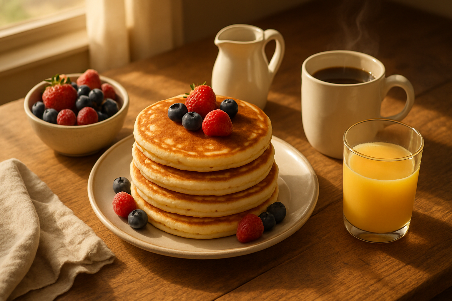 Complete breakfast spread featuring fluffy buttermilk pancakes with coffee, orange juice, and fresh berries
