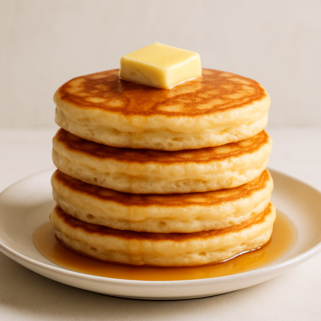 Perfect stack of four fluffy buttermilk pancakes with melting butter and maple syrup on white plate