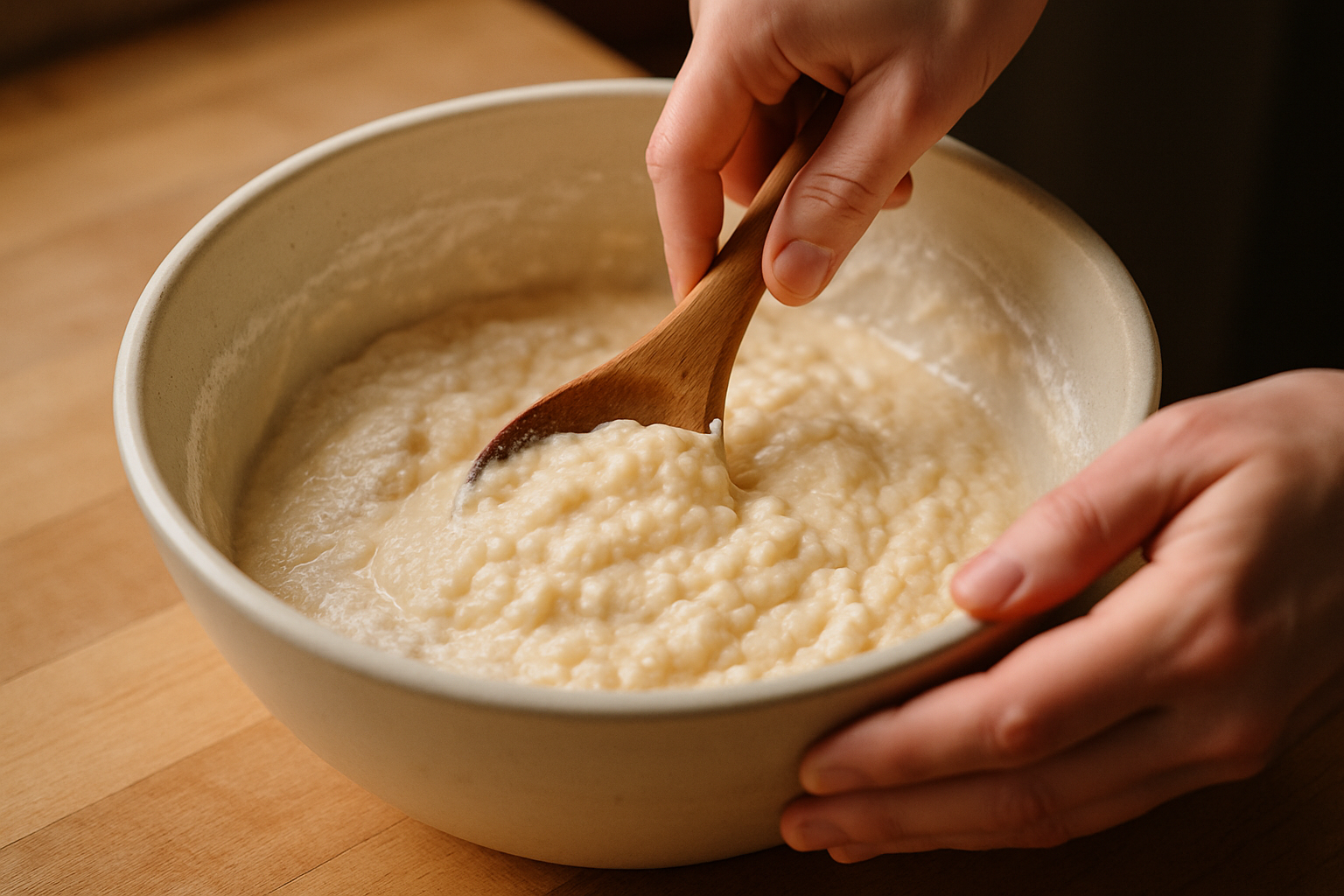 Hands mixing lumpy buttermilk pancake batter in a ceramic bowl with wooden spoon
