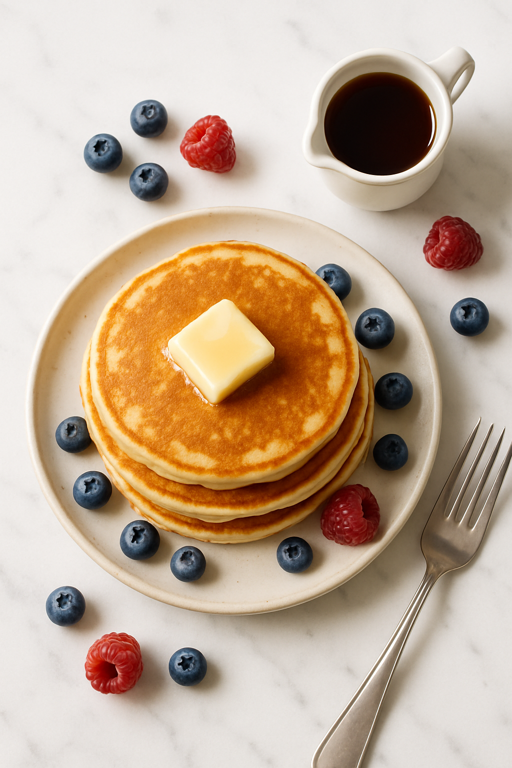 Overhead view of fluffy buttermilk pancakes with butter, syrup, and fresh berries on marble surface