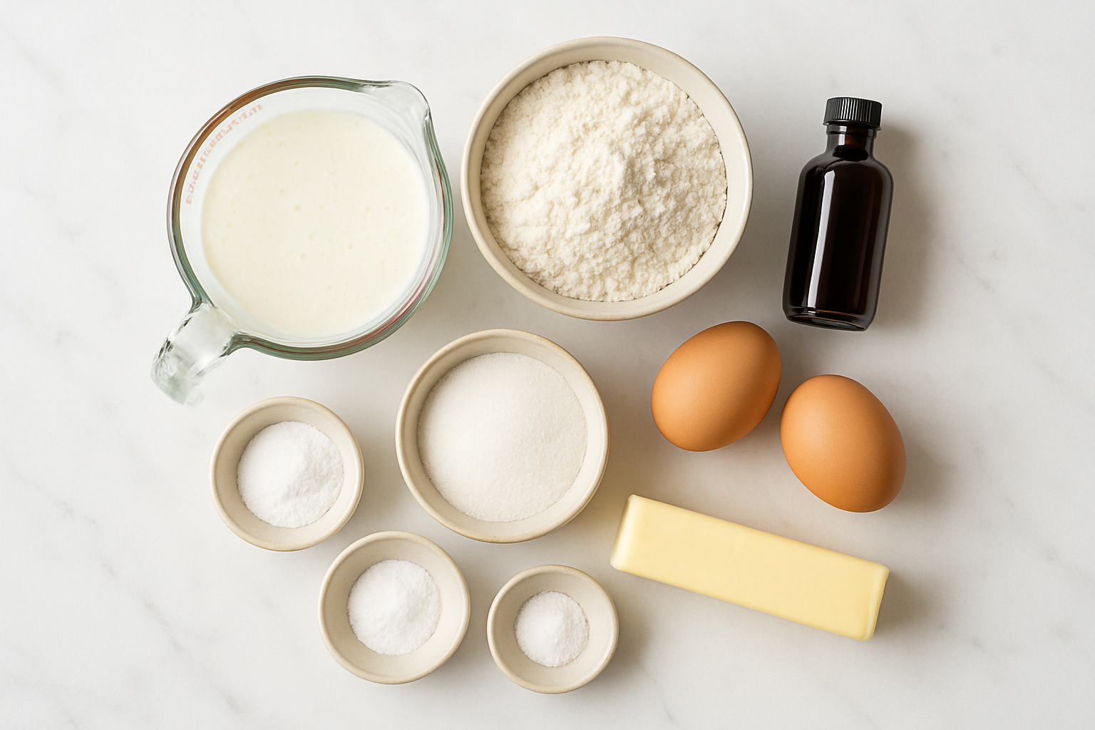 Flat lay of buttermilk pancake ingredients including flour, eggs, buttermilk, butter, and leavening agents