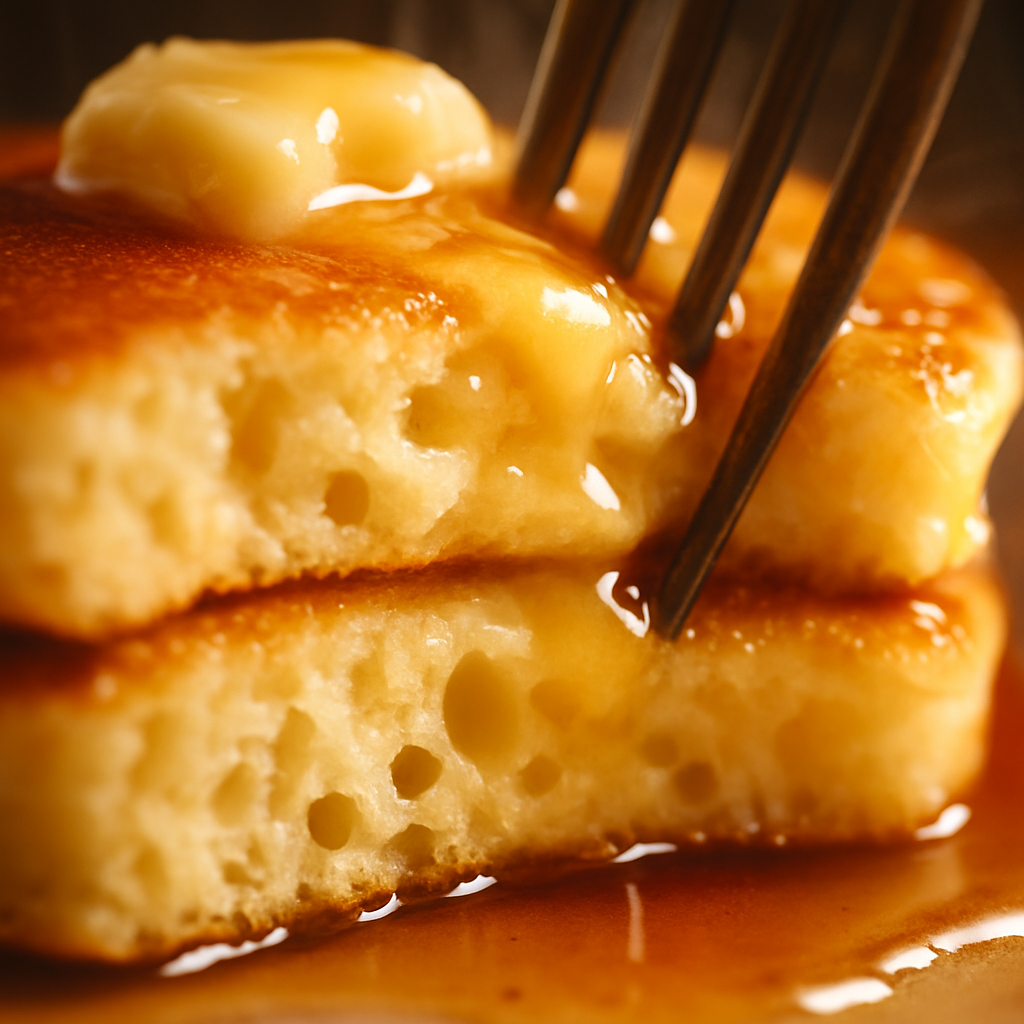 Close-up of fluffy buttermilk pancake interior showing airy texture with fork and melting butter