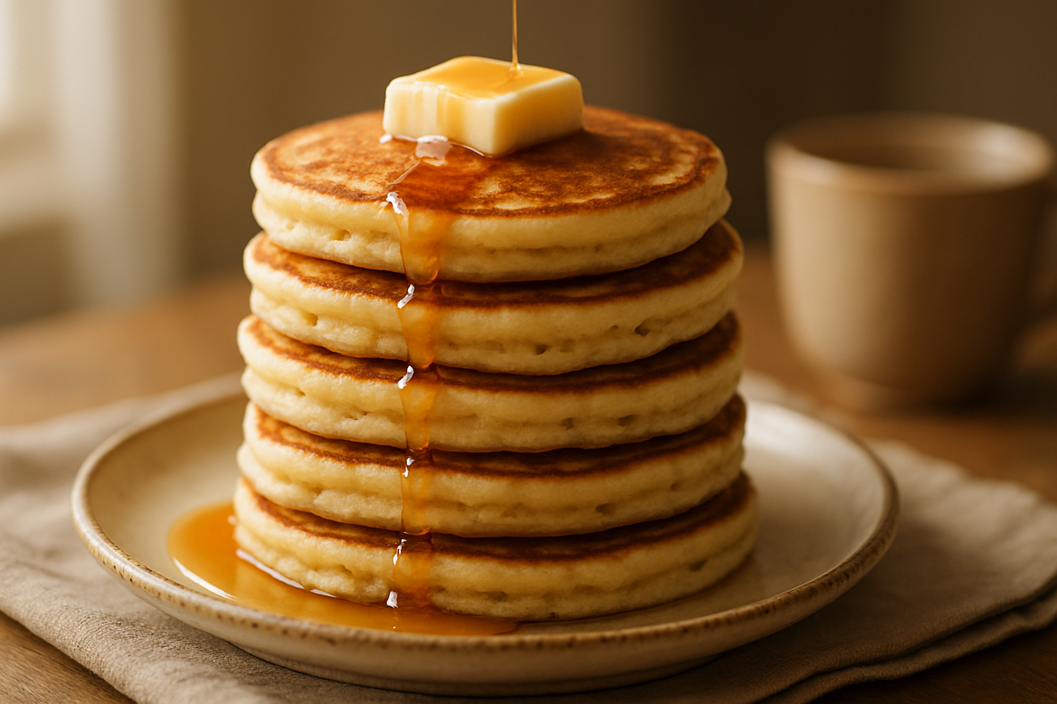 Stack of fluffy buttermilk pancakes with melting butter and maple syrup on a rustic plate