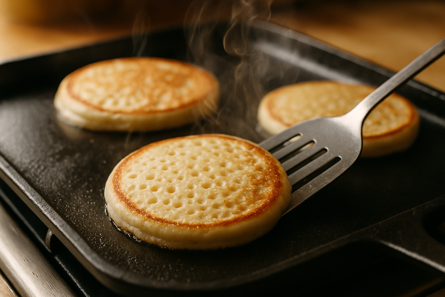 Buttermilk pancakes cooking on griddle with bubbles forming on surface and golden-brown edges