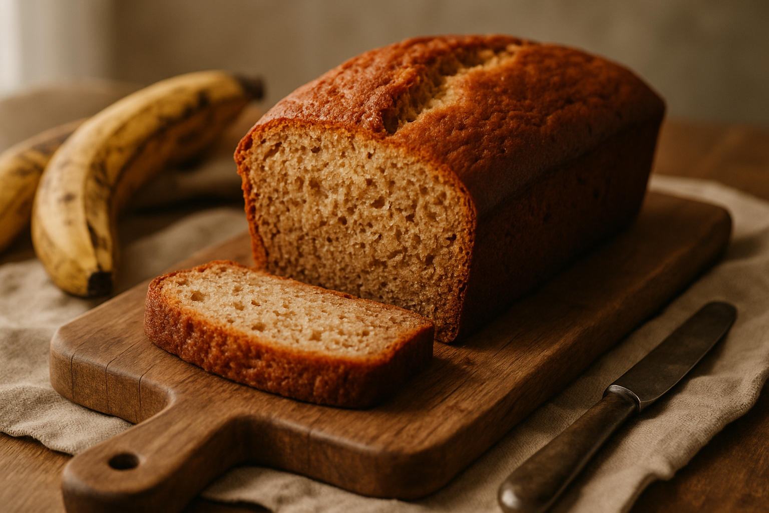 Sliced banana bread loaf on wooden board showing moist golden crumb with overripe bananas